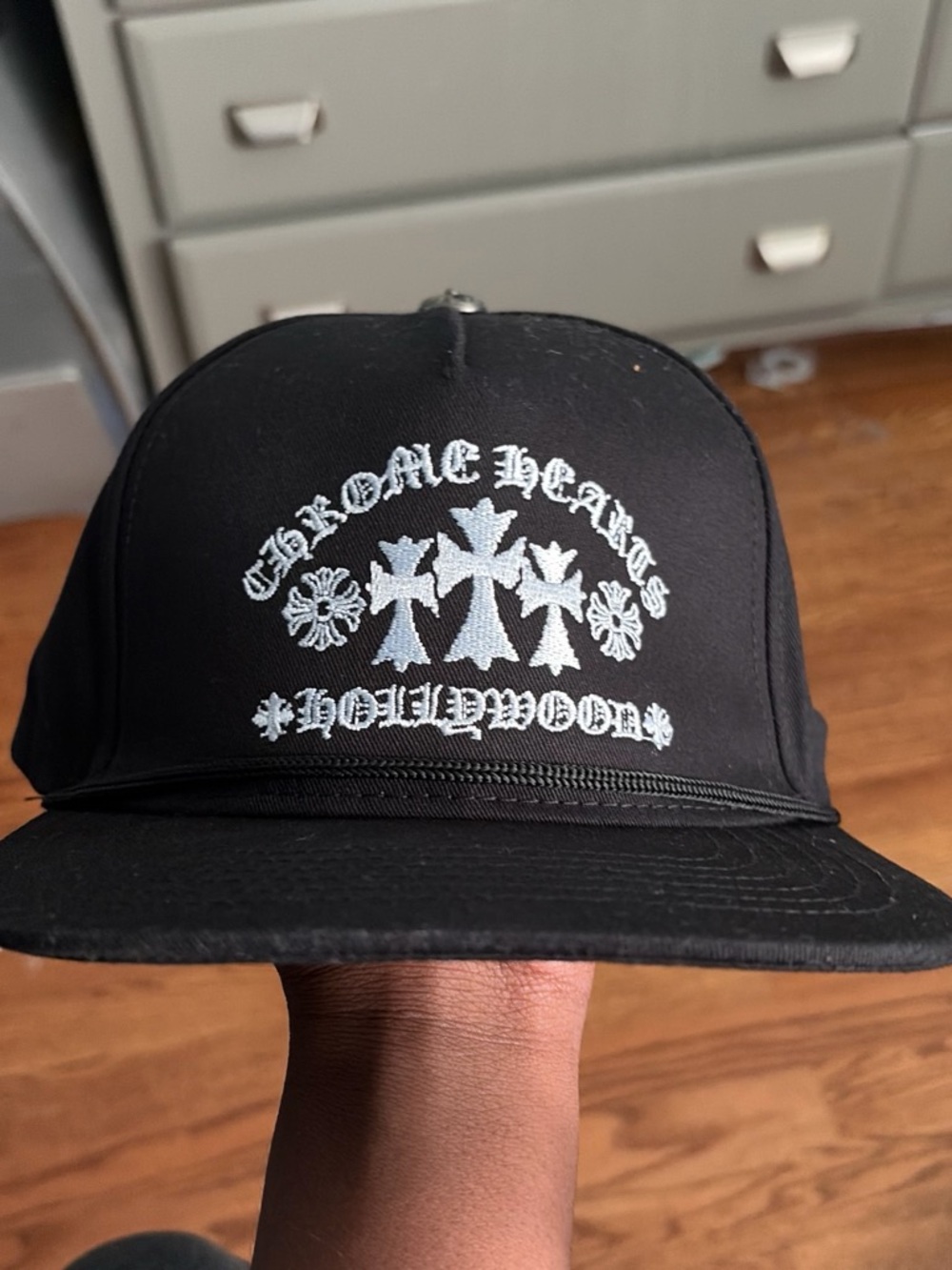 Chrome Hearts Black Hat with White Embroidered Crosses will ship same day
